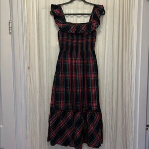 Vineyard Vines Tartan Apres Dress Women’s XS Red Black Plaid Ruffle Midi Pockets